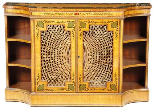 A mahogany and painted side cabinet in Regency style, the top painted with a band of flowers,