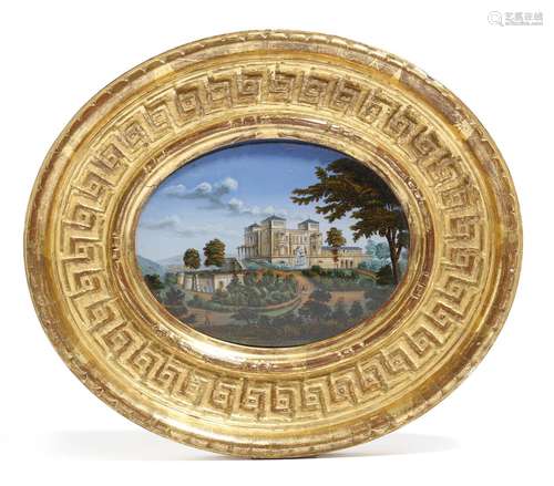 A 19th century reverse glass print of an Italian villa, 8.8cm wide, in a moulded giltwood frame.