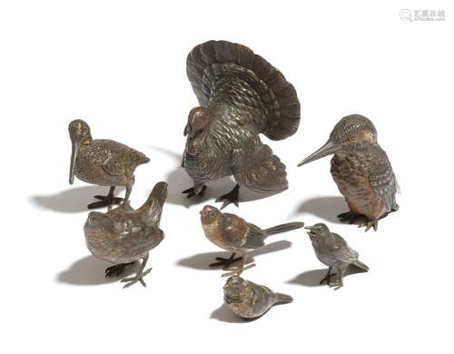 Seven Austrian cold painted bronze models of birds, comprising: a turkey, a kingfisher, a snipe, a