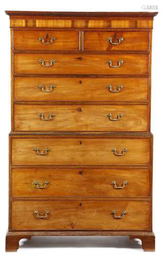 A late George III mahogany chest on chest, the dentil cornice above two short and three long