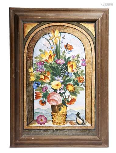 An Italian maiolica panel or tile, painted with an urn of flowers on a window ledge, 39 x 25.3cm, in