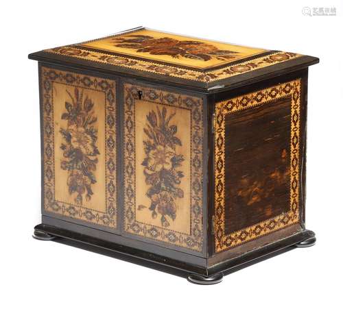 A Victorian ebony and Tunbridge ware table cabinet by Edmund Nye, decorated with micromosaic