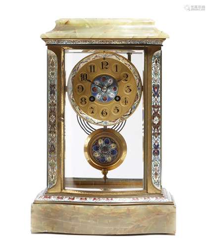 A late 19th century French champlevé enamel four-glass mantel clock, the eight day movement striking