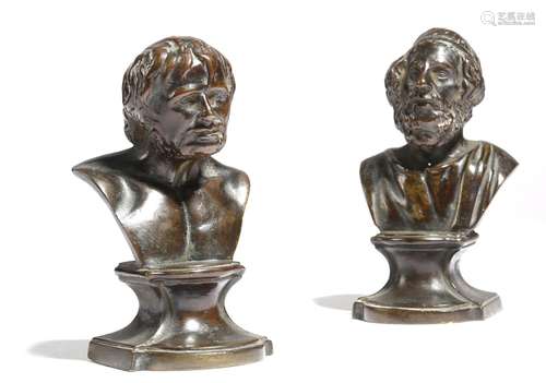 A pair of early 19th century bronze busts of Homer and Seneca, each titled and on an integral