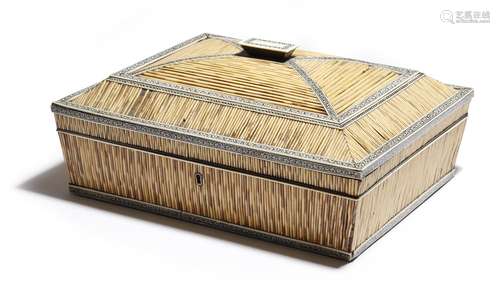 An Anglo-Indian bone and porcupine quill work box, of sarcophagus shape and lac decorated with bands