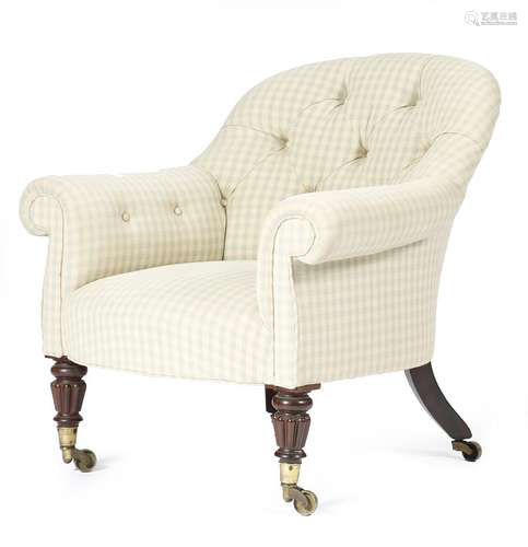 A George IV goncalo alves easy armchair in the manner of Gillows, later button upholstered with