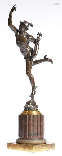 After Giambologna (Flemish 1529-1608). An early 19th century bronze figure of Mercury, holding a