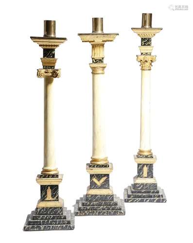 Three 19th century giltwood and painted Masonic warden's columns, to simulate marble, with Doric,