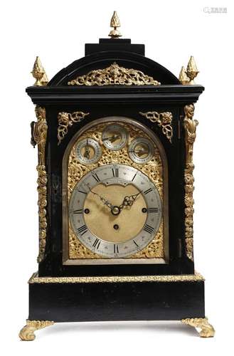 A Victorian ebonised chiming bracket clock, the three train brass movement striking the