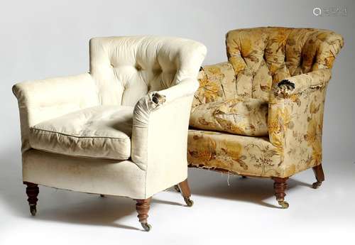 A matched pair of late Victorian walnut tub armchairs by Howard & Sons, each with a button