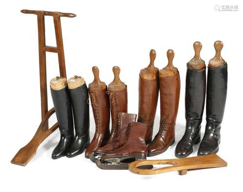 Four pairs of leather riding boots, all with wooden trees, one pair with ivorine labels inscribed '