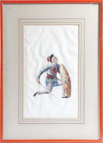 Five Chinese gouache rice paper paintings, one of a Chinese official, the other four of soldiers,