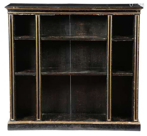 A Victorian ebonised and parcel gilt open bookcase, with adjustable shelves, 106.7cm high, 114.2cm