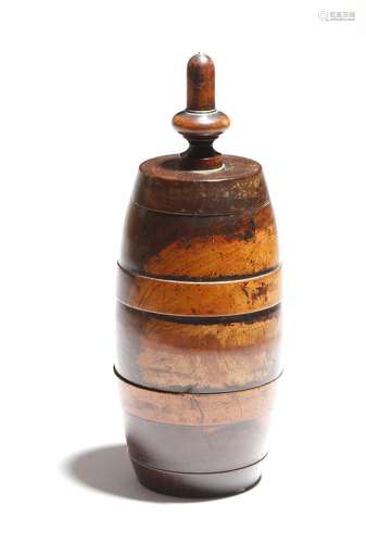 A George II treen lignum vitae coffee grinder or mill, of barrel shape and with a screw-off stylised