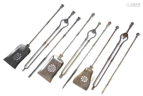 A set of William IV steel fire irons, with faceted and baluster turned handles, above knopped stems,