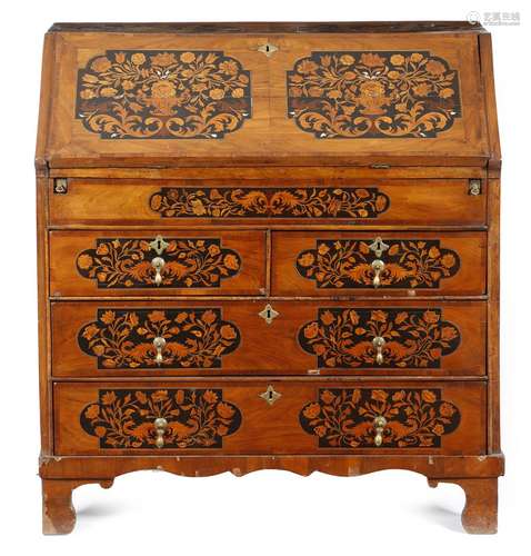 An Anglo-Dutch walnut and marquetry bureau, inlaid with fruitwood and mother of pearl panels of urns