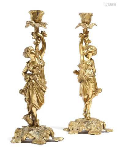 A pair of Victorian gilt spelter figural candlesticks, in the form of a young maiden, possibly