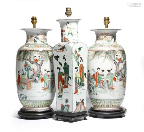 A pair of Chinese porcelain famille verte vases, converted into table lamps, painted with ladies