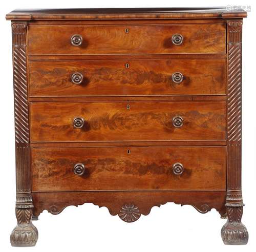 A William IV Channels Islands mahogany chest, the inverted breakfront top above four long