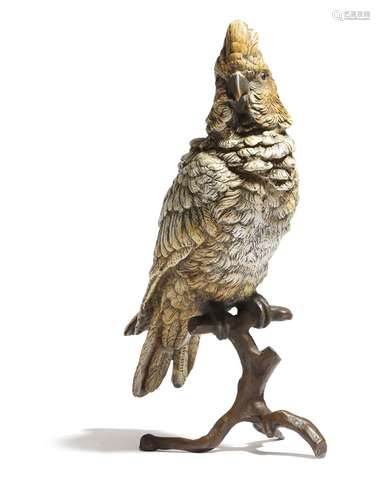 A bronze model of a cockatoo after Franz Bergman, perched on a branch, stamped 'GESCHUTZT' with '