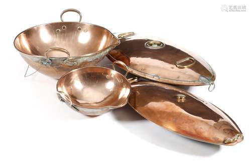 Two Victorian copper dairy bowls, each with a part dipped edge for pouring, with loop handles,