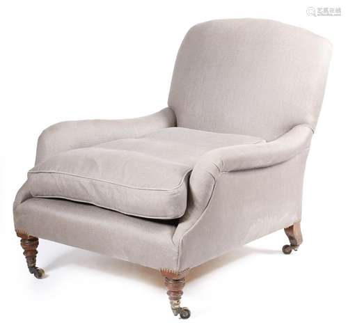 A late Victorian walnut open easy armchair by Howard & Sons Ltd, with later button upholstery,