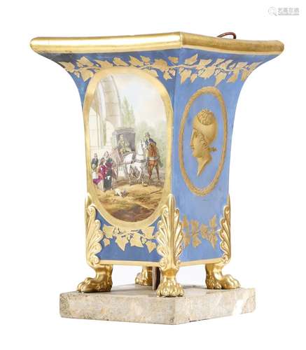 A late 19th century Paris porcelain jardinière, of square section, decorated in gilt on a blue