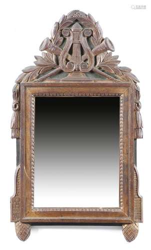 A French provincial gilt and painted wood wall mirror, the later rectangular plate within a dentil