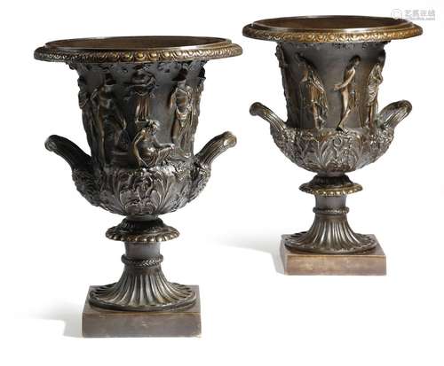 A pair of Italian bronze Grand Tour models of the Borghese vase, of Campana shape, the body cast