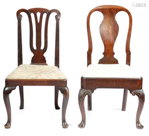 A George II Irish mahogany side chair, with a vase shaped splat above a drop-in seat, on leaf capped