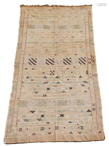 A Moroccan flat weave kilim rug, decorated with bands of geometric designs, 230 x 126cm.