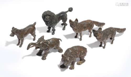 Six Austrian cold painted bronze model animals, comprising: two foxes, one stamped 'GESCHUTZT', an