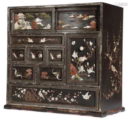 λ A 19th century Japanese lacquered Shibayama style table cabinet, with seven pull-out drawers,