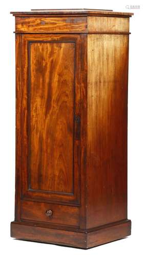 A George IV mahogany pedestal cupboard, the hinged top revealing a vacant interior, above a panelled