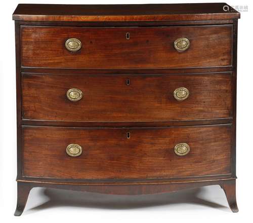 A Regency mahogany bowfront chest, of three long graduated drawers, on French bracket feet, 84.3cm