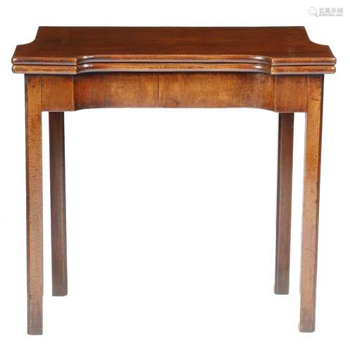 A George II mahogany card table, the fold-over top on a single gate support, with a concave