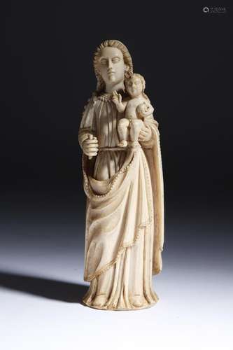 λ An Indo-Portuguese ivory group of the Virgin and child, Goa, 18th century, 20cm high.