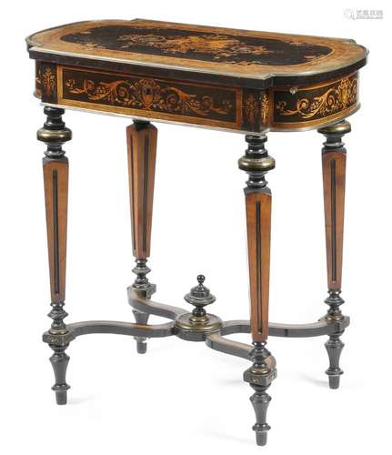 A late 19th century French ebonised and marquetry lady's work table, with brass mounts, the hinged