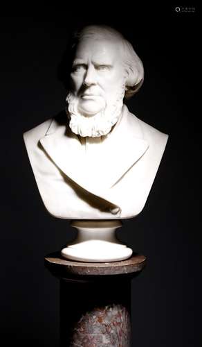 A Victorian marble bust of a bearded gentleman, wearing a jacket, on a turned socle, 73cm high, 44.