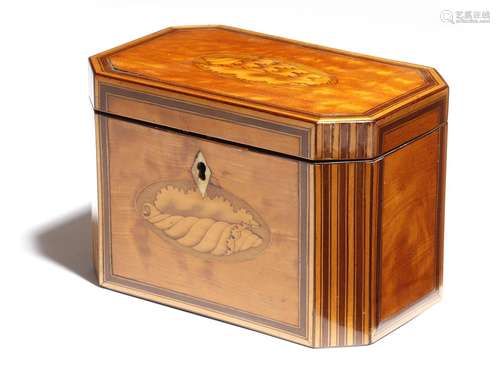 A George III satinwood tea caddy, of canted rectangular form, inlaid with banding and with marquetry