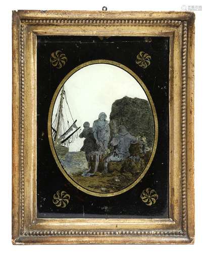 An early 19th century verre églomisé picture, depicting fisher folk on the sea shore, indistinctly