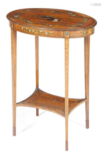 A late 19th century satinwood oval occasional table in Sheraton revival style, the crossbanded top