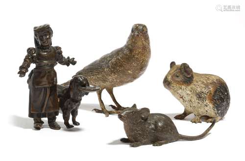 An Austrian cold painted bronze model of a bird by Bergman, possibly a canary, stamped 'B' in a