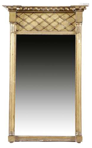 A Regency giltwood pier mirror, the later rectangular plate flanked by cluster columns with stiff