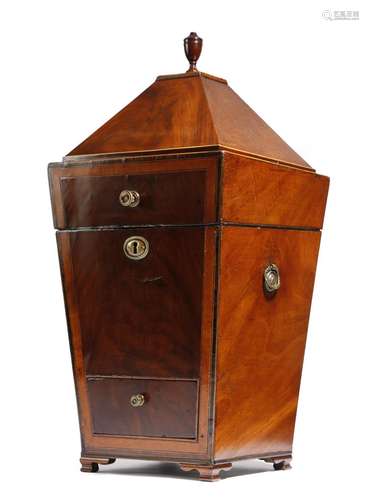 A George III mahogany sarcophagus shape decanter box, inlaid with rosewood and satinwood banding,