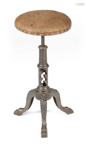 A late 19th century French cast iron adjustable music or artist's stool, the original leather