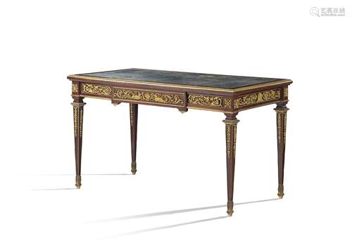 A French Louis XVI style mahogany and ormolu mounted desk by François Linke, the later top inset