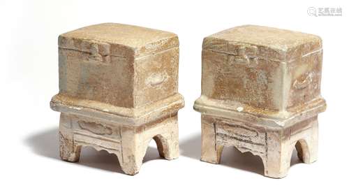 A pair of Chinese pottery models of votive chests in Han Dynasty style, partly glazed, probably Ming