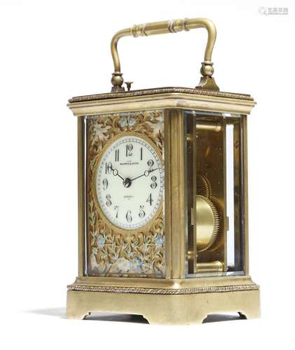 A late 19th century French gilt brass carriage clock, the repeating eight day movement with a