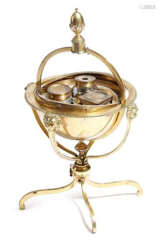 A late 18th century French copper and gilt brass globe inkstand, the cone finial with a button